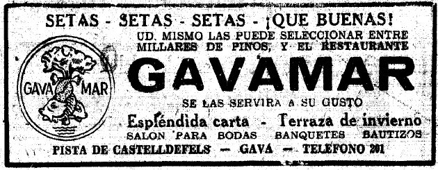 Anuncio de las setas del Restaurante Gavamar de Gav Mar publicado en el diario LA VANGUARDIA (2 de Noviembre de 1957)